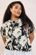 Büyük Beden Bisiklet Yaka Bürümcük Kumaş Baskılı T-shirt 304115