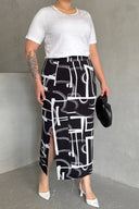 Büyük Beden Beli Lastikli Soyut Desenli Yırtmaç Detaylı Uzun Etek 98-120