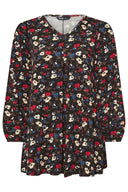 Büyük Beden Uzun Kollu V Yaka Önü Pileli Çiçek Desenli Bluz 303720