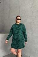 Büyük Beden Uzun Kollu Bisiklet Yaka Cepli Desenli Elbise 106-77