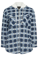 Büyük Beden Uzun Kollu Kareli Kapüşonlu Fermuarlı İnce Ceket 302664