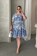 Büyük Beden Önü Bağlamalı Yarım Kollu Desenli Mini Elbise 101-9