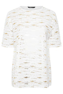 Büyük Beden Kısa Kollu Bisiklet Yaka Yanları Yırtmaçlı Metalik Baskılı T-shirt 303955