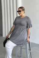 Büyük Beden Kol Detaylı Beli Lastikli Pileli Tunik T-shirt T43