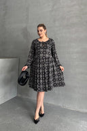 Büyük Beden Uzun Kollu Yakası Bağlamalı Eteği Pileli Elbise 100-75