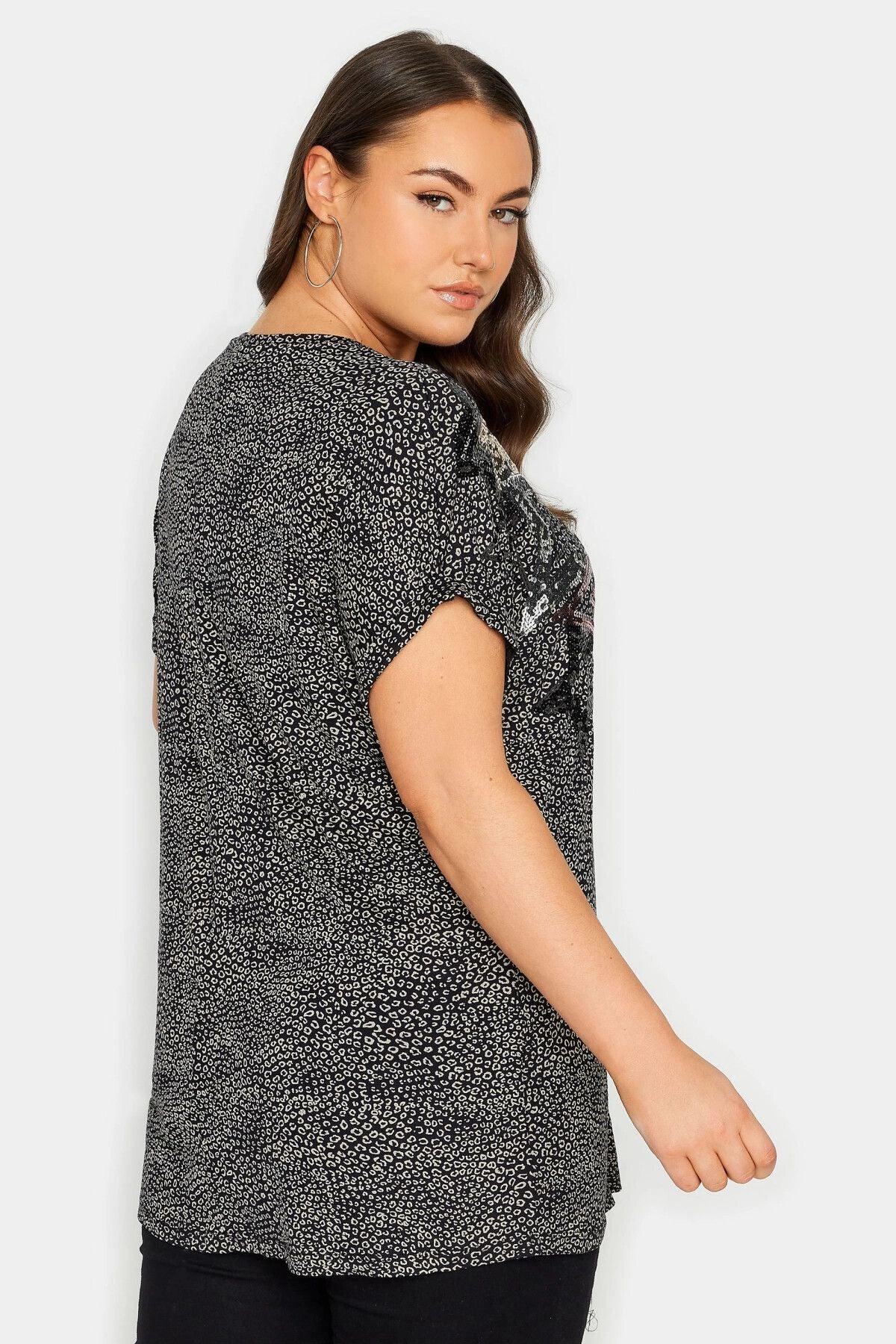 Büyük Beden Bisiklet Yaka Kısa Kollu Payet İşlemeli T-shirt 302855