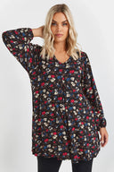 Büyük Beden Uzun Kollu V Yaka Önü Pileli Çiçek Desenli Bluz 303720