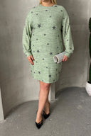 Büyük Beden Uzun Kollu Bisiklet Yaka Yıldız Desenli Esnek Elbise 84-158