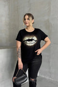 Büyük Beden Kısa Kollu Bisiklet Yaka Taş İşlemeli T-shirt 302264