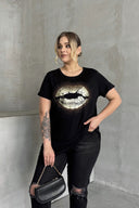 Büyük Beden Kısa Kollu Bisiklet Yaka Taş İşlemeli T-shirt 302264