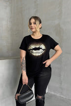 Büyük Beden Kısa Kollu Bisiklet Yaka Taş İşlemeli T-shirt 302264