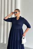 Büyük Beden V Yaka Yarım Kollu Beli Lastikli Uzun Elbise T44