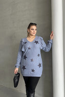 Büyük Beden Uzun Kolları Fırfırlı Yıldız Desen İşlemeli Bluz 301234