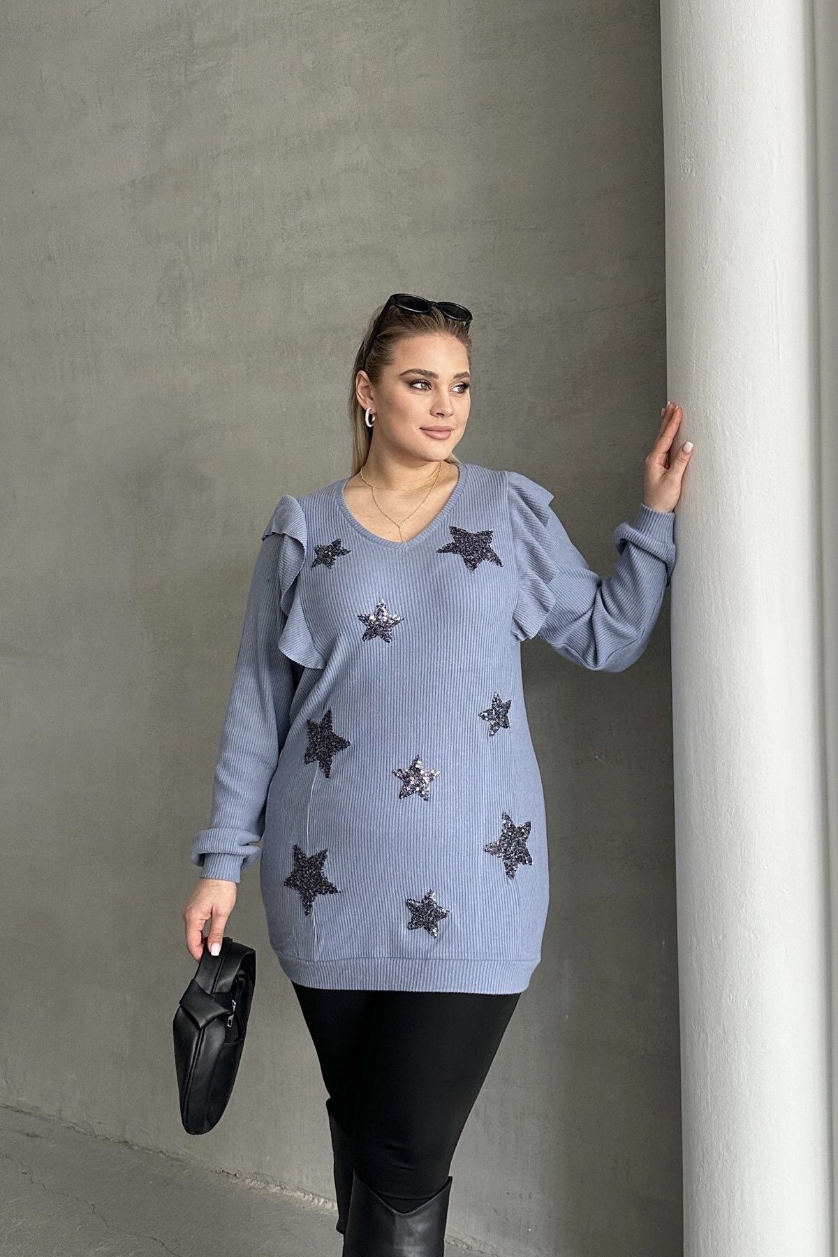 Büyük Beden Uzun Kolları Fırfırlı Yıldız Desen İşlemeli Bluz 301234