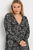 Büyük Beden V Yaka Uzun Kollu Desenli Midi Boy Elbise 137785