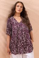 Büyük Beden V Yaka Kısa Kollu Soyut Desenli Asimetrik Kesim T-shirt 616219