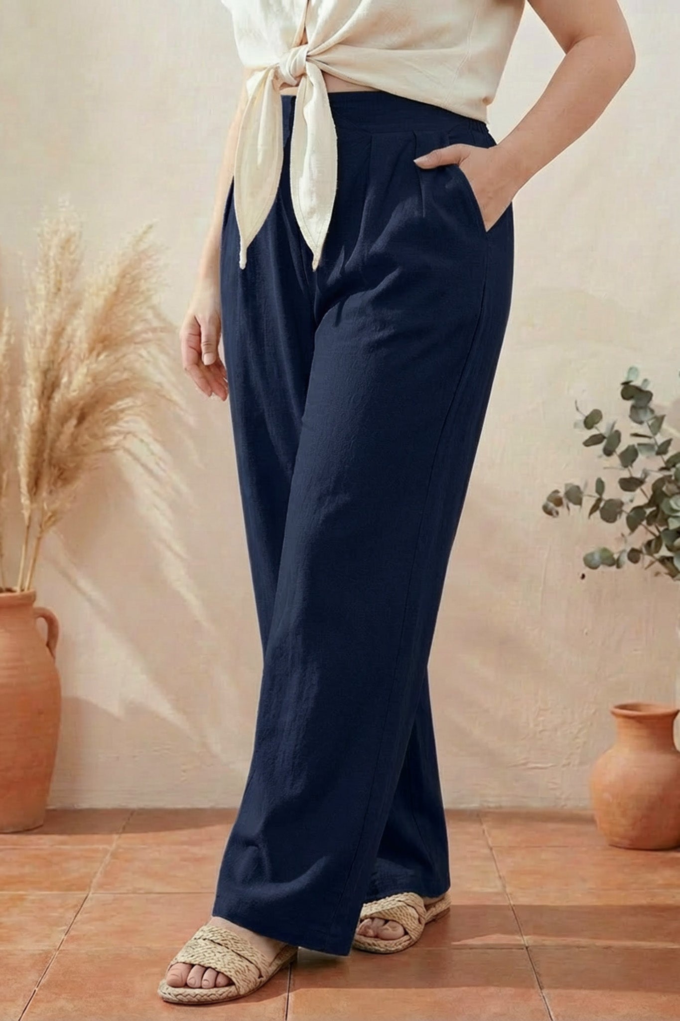 Büyük Beden Pileli Cepli Geniş Paça Esnek Kumaşlı Pantolon 875-V