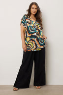 Büyük Beden V Yaka Kısa Kollu Soyut Desenli Asimetrik Kesim T-shirt 616346