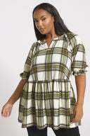 Büyük Beden Kısa Kollu V Yaka Fırfırlı Beli Lastikli Kareli T-shirt 322964