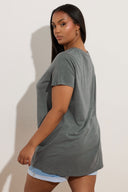 Büyük Beden Bisiklet Yaka Kısa Kollu Kuru Kafa Baskılı Taşlı T-shirt 304131