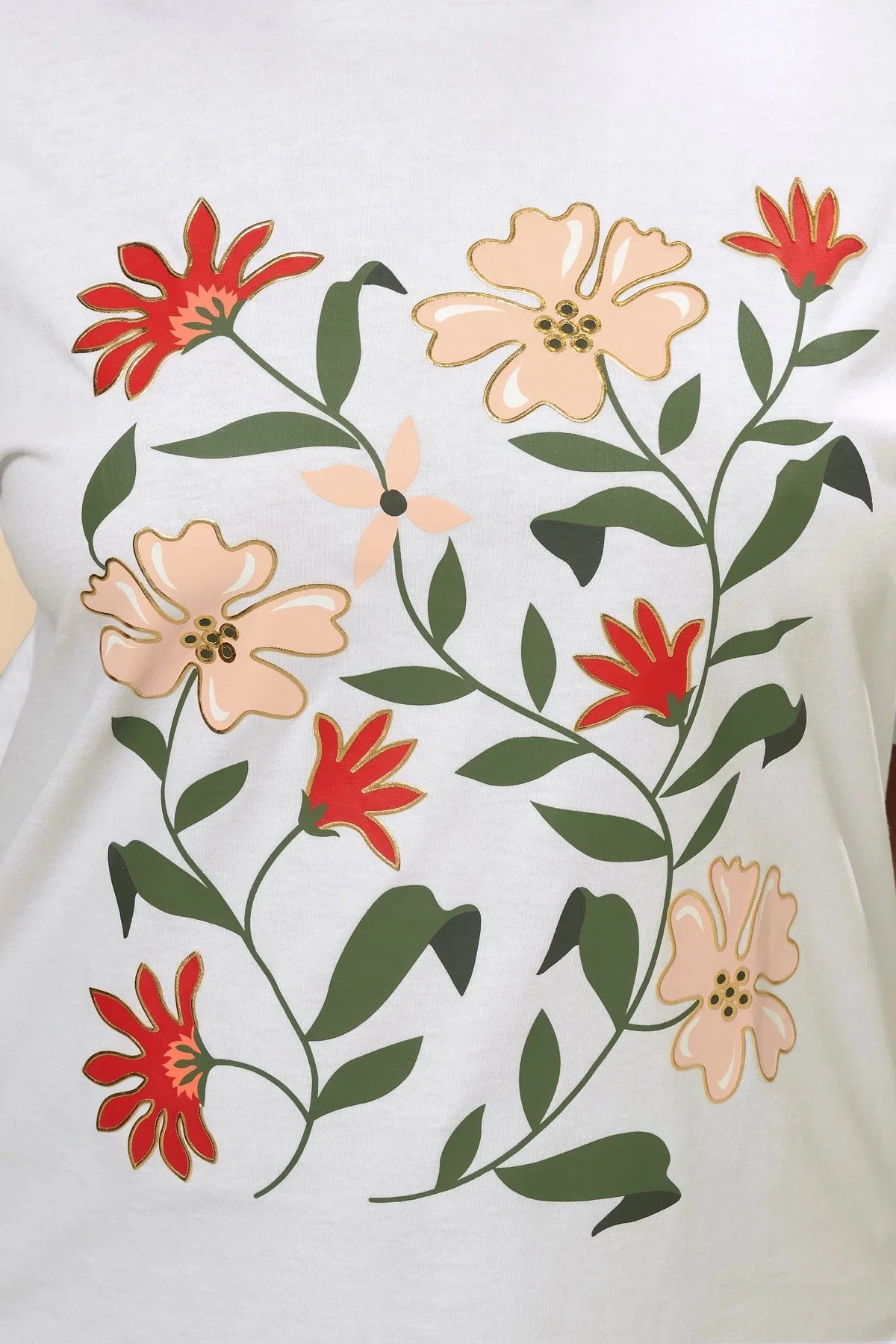 Büyük Beden Kısa Kollu Bisiklet Yaka Çiçek Desenli T-shirt 304177