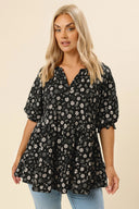 Büyük Beden Çentik Yaka Kısa Kollu Eteği Fırfırlı Bluz 322571