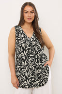 Büyük Beden V Yaka Sıfır Kol Çiçek Desenli Asimetrik Kesim T-shirt 616294