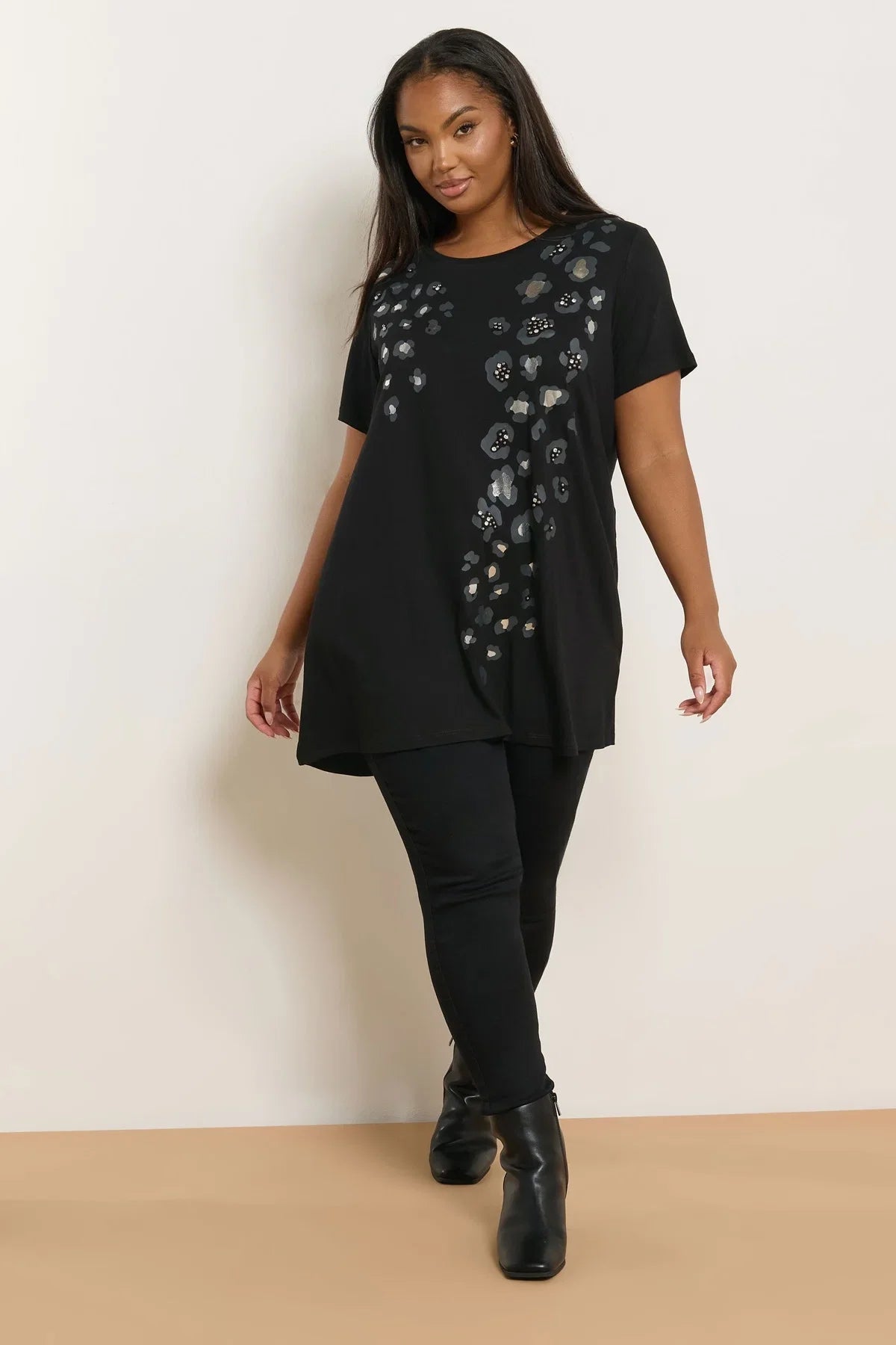 Büyük Beden Kısa Kollu Bisiklet Yaka Baskılı T-shirt 304345