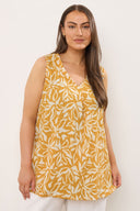 Büyük Beden V Yaka Sıfır Kol Çiçek Desenli Asimetrik Kesim T-shirt 616295