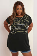 Büyük Beden Kısa Kollu Bisiklet Yaka Metalik Baskılı T-shirt 304149