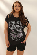 Büyük Beden Bisiklet Yaka Kol Detaylı Kuru Kafa Baskılı T-shirt 322639