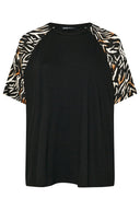 Büyük Beden Kısa Kollu Bisiklet Yaka Leopar Desenli T-shirt 303736