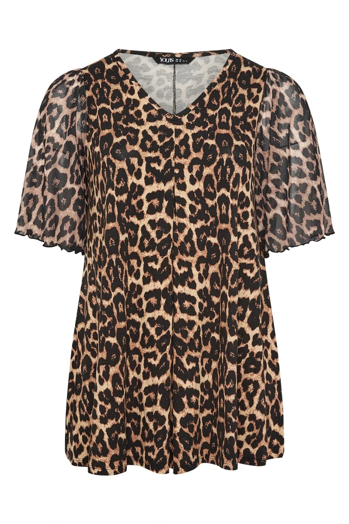Büyük Beden Kısa Kollu V Yaka Tül Detaylı Astarlı Leopar Desenli T-shirt 304341