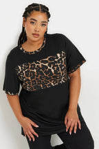 Büyük Beden Kısa Kollu Bisiklet Yaka Leopar Desenli T-shirt 303729