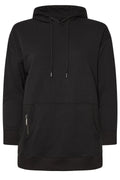 Büyük beden siyah kapüşonlu sweat, fermuarlı cepli, modern rahat kesim