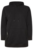 Büyük beden siyah kapüşonlu sweat, fermuarlı cepli, modern rahat kesim