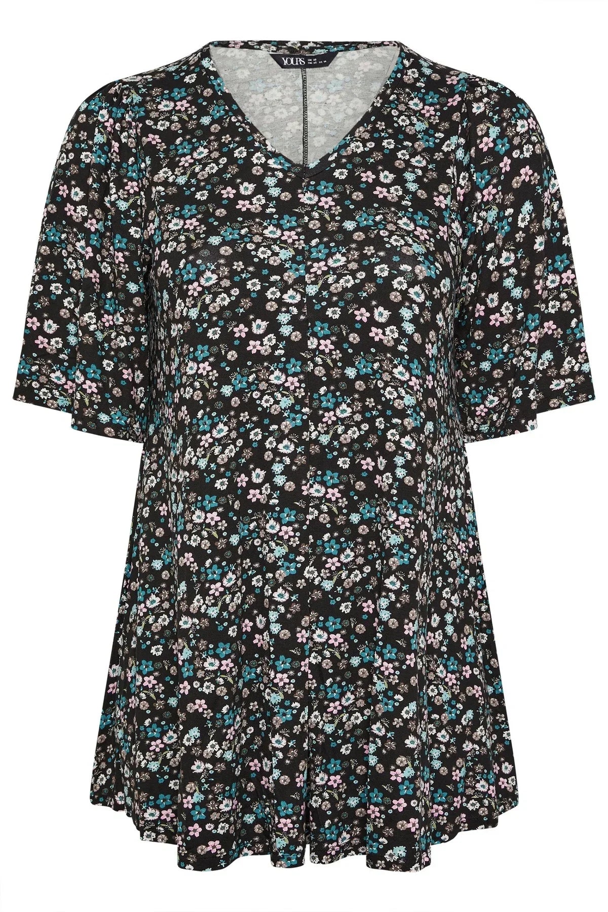 Büyük Beden V Yaka Sıfır Kol Çiçek Desenli Asimetrik Kesim T-shirt 304084