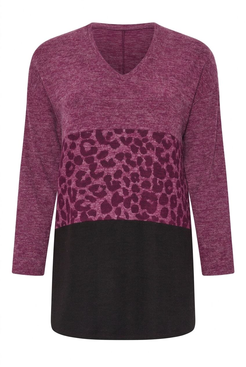Bordo leopar desenli büyük beden kadın sweatshirt ön çekim