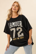 Büyük Beden Bisiket Yaka Kısa Kollu Yazı Baskılı T-shirt 304287