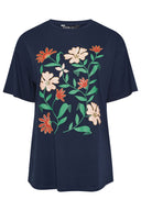 Büyük Beden Bisiklet Yaka Kısa Kollu Çiçek Desenli T-shirt 304198