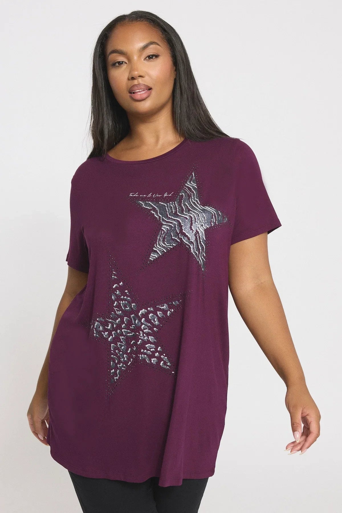 Büyük Beden Bisiklet Yaka Kısa Kollu Parlak Baskılı Taşlı T-shirt 322960