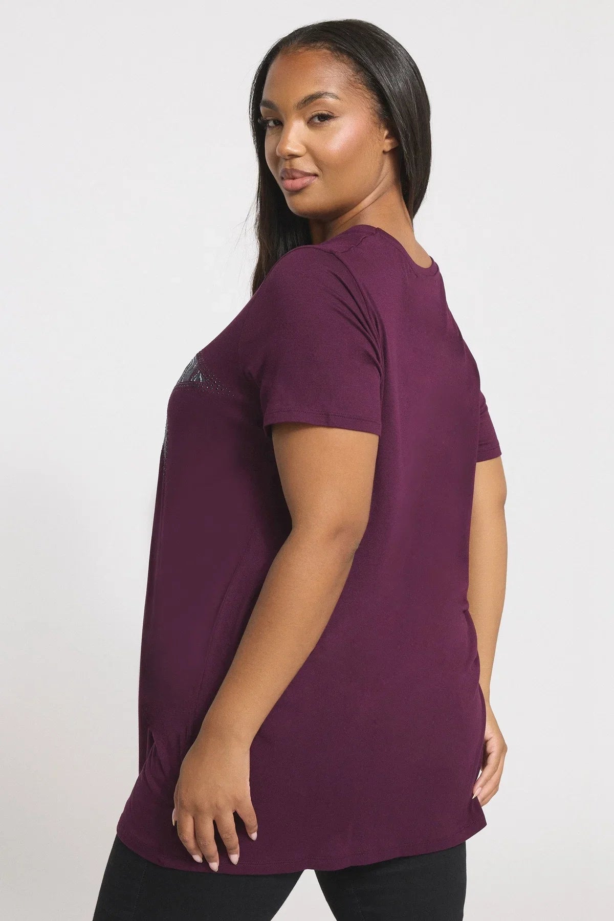 Büyük Beden Bisiklet Yaka Kısa Kollu Parlak Baskılı Taşlı T-shirt 322960