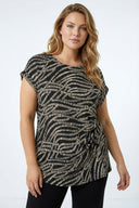 Büyük Beden Bisiklet Yaka Siyah Soyut Baskılı Yandan Bağlamalı Bluz 616393