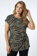 Büyük Beden Bisiklet Yaka Siyah Soyut Baskılı Yandan Bağlamalı Bluz 616393