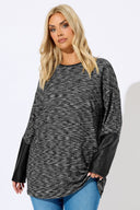 Büyük Beden Bisiklet Yaka Uzun Kollu Deri Detaylı T-shirt 303939