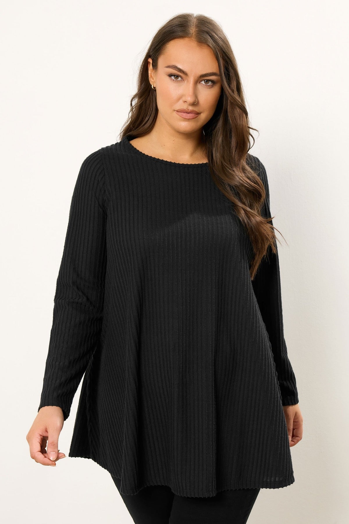 Büyük Beden Bisiklet Yaka Uzun Kollu Fitilli T-shirt 304381