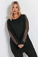 Büyük Beden Bisiklet Yaka Uzun Kollu Leopar Desenli T-shirt 303781