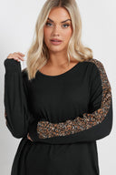 Büyük Beden Bisiklet Yaka Uzun Kollu Leopar Desenli T-shirt 303781