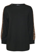 Büyük Beden Bisiklet Yaka Uzun Kollu Leopar Desenli T-shirt 303781