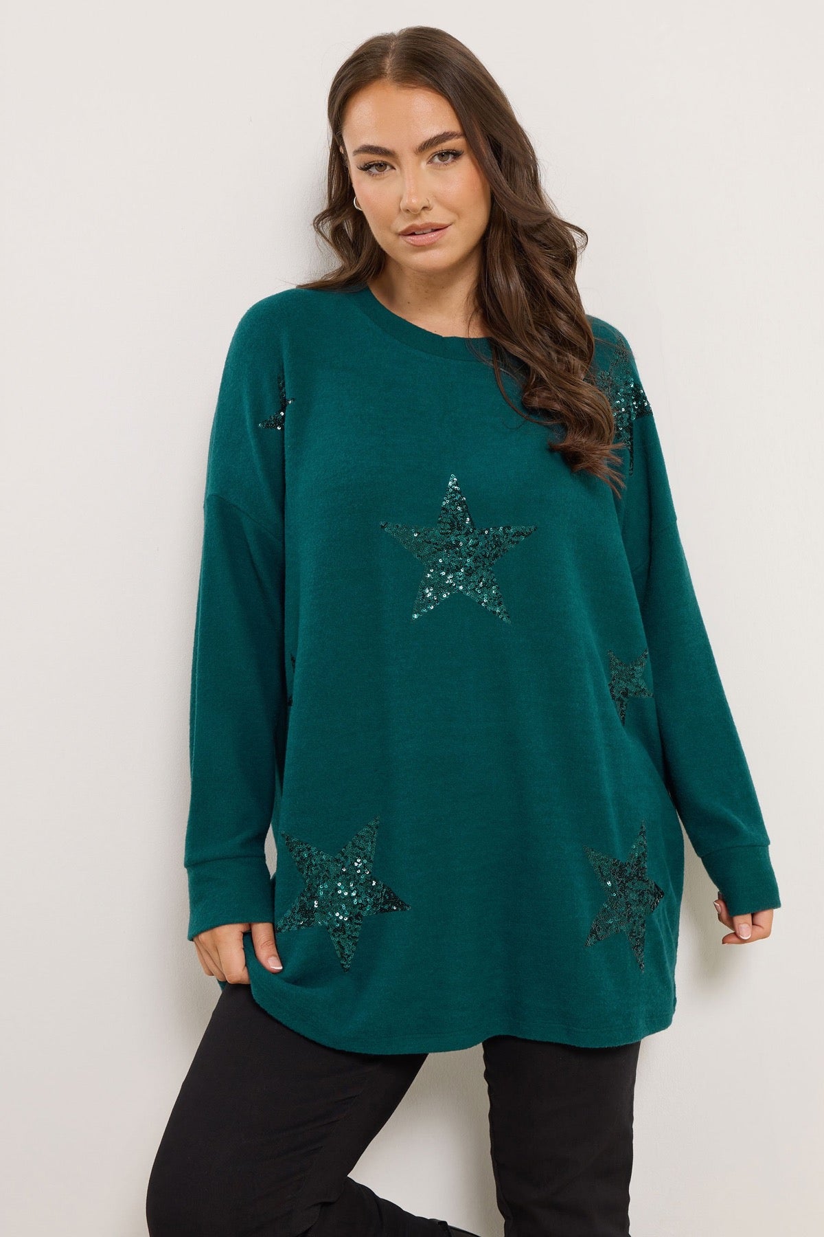 Büyük Beden Bisiklet Yaka Uzun Kollu Payetli Peluş Tunik 285061
